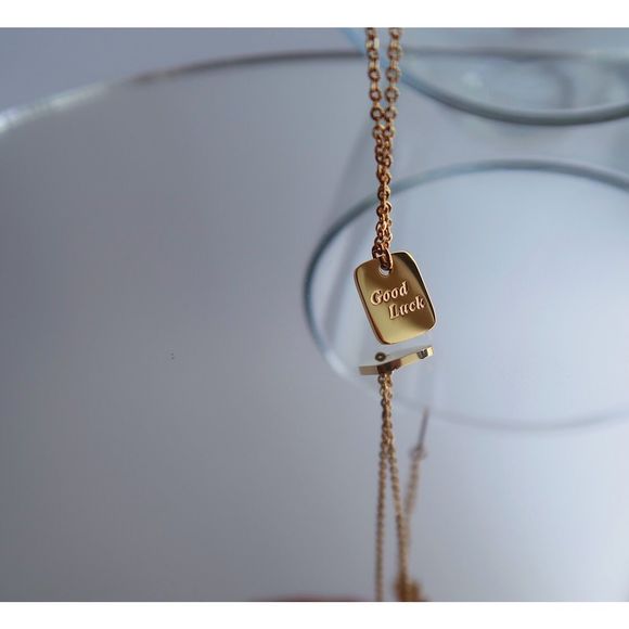 18K Gold Plated Minimalistic Dainty Tag Good Luck Charm Necklace - Picture 3 of 7